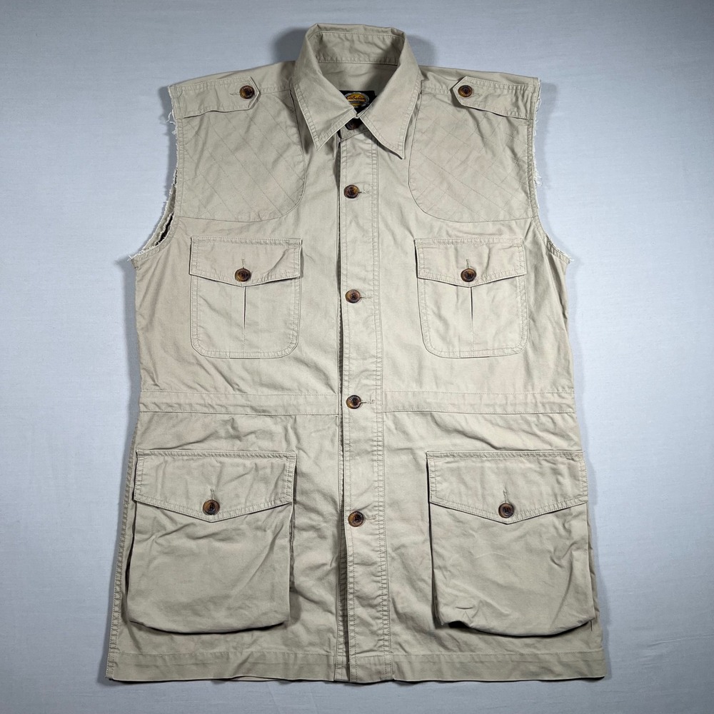 Cabelas Mens Tan Cotton Quilted Shooting Vest Hunting Utility Medium Regular